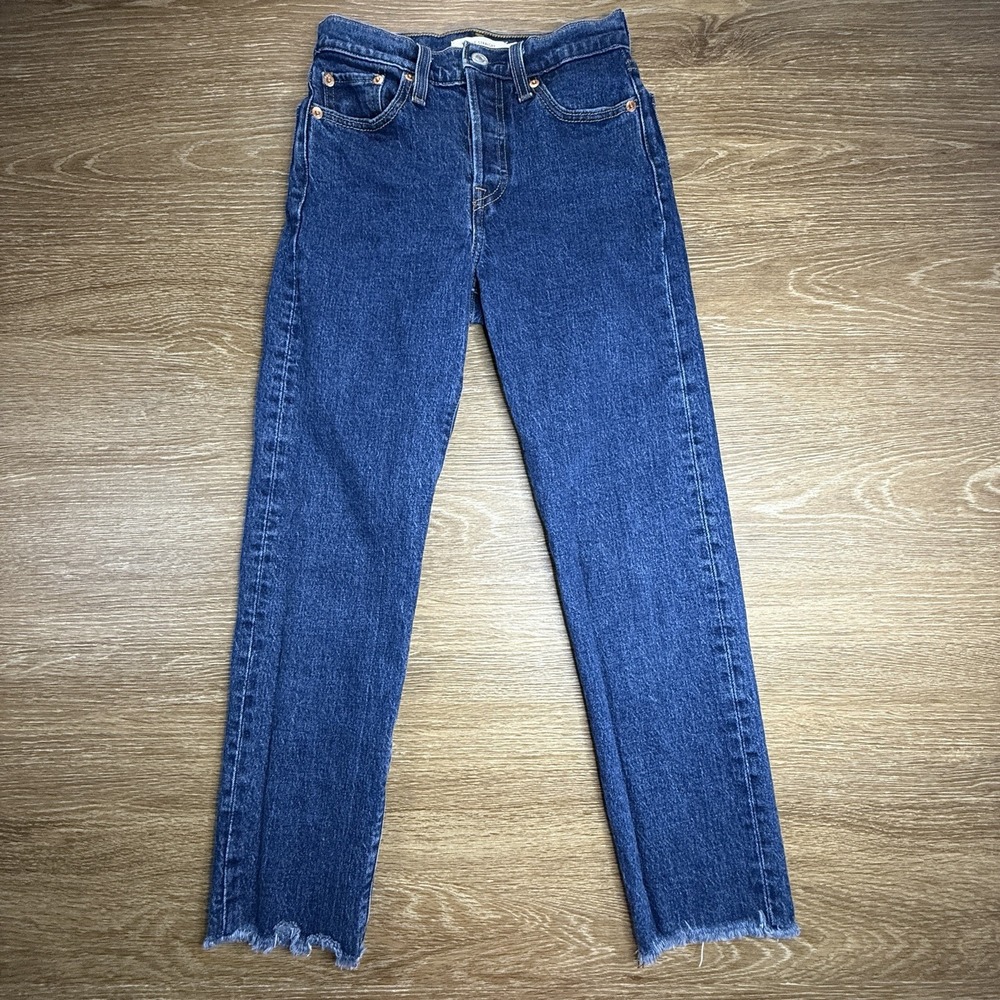 Levi's Premium Wedgie Straight Jeans Womens 23 High Rise Crop Raw Hem Blue 23x26